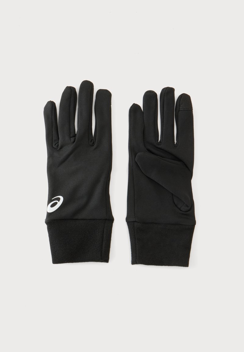 Paire de gants noirs doublés polaire avec un logo blanc sur le poignet du gant gauche, présentée à plat avec les doigts étendus.
