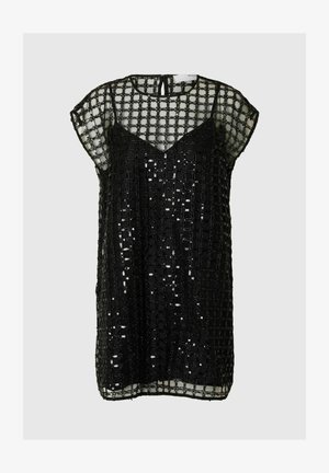 Must mustrilise kleit, millel on läbipaistev ruuduline overlay ja mustad pärlid, V-kaelusega aluskate ja tagumine nööbiltus.