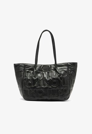 Must käsitaskukott tekstureeritud tikandmaterjalist, millel on reljeefsed "LIU JO" logod, kaks käepidet ja ruumikas disain.