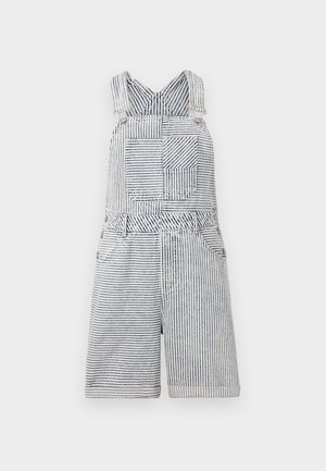 Striped denim overalls with a square pocket, adjustable straps, and a wide neckline. Features a relaxed fit with shorts length.