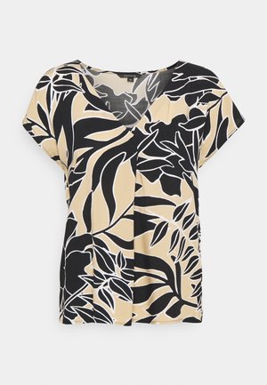 Blusa beige y negra de manga corta con escote en V, estampado grande de hojas abstractas y ajuste holgado.