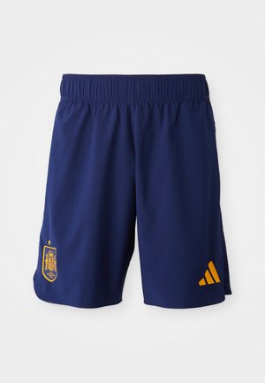 Mornarice kratke hlače sportske izrade od laganog materijala, s elastičnim pojasom, zlatnim logotipom španjolske reprezentacije i narančastim detaljom Adidas.