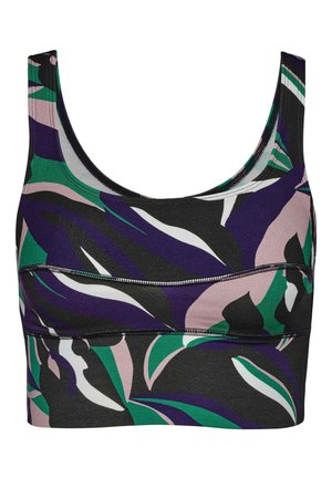 Soutien-gorge de sport avec une base noire présentant un motif abstrait en violet, vert et rose. Il a un col rond et des bretelles larges.