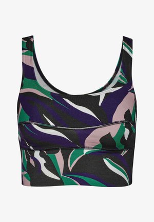 Sportbeha met een zwarte basis, voorzien van een abstract patroon in paars, groen en roze. Het heeft een ronde halslijn en brede banden.