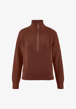 Brauner gerippter Pullover mit hohem Kragen und Reißverschluss, der einen tiefen V-Ausschnitt und strukturierte Details auf der Vorderseite und den Ärmeln aufweist.