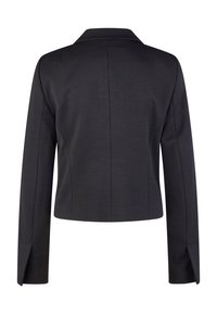 Black tailored jacket with a textured pattern, notched collar, long sleeves, and a structured fit. Features subtle vent details at the back.