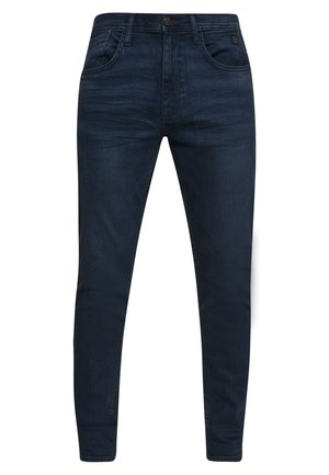 Donkerblauwe skinny jeans van denim, met een sluiting met een knop aan de voorkant, een vijf-pocket ontwerp en een gladde textuur zonder zichtbare beschadigingen.