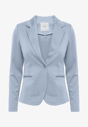 Hellblaues Blazer aus glattem Stoff, mit Schalkragen, Einzelknopfverschluss und zwei vorderen Taschen. Klassisches maßgeschneidertes Design.