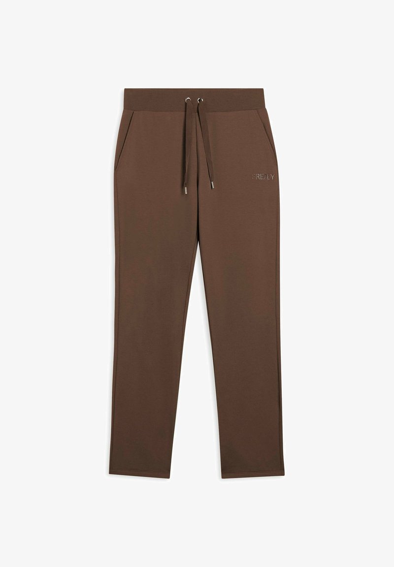 Pantalones de chándal marrones con cintura elástica, cordón y bolsillos laterales. Textura suave con un pequeño logo y diseño de pierna recta.