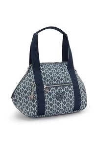 Blue patterned handbag with dark blue straps, zip closure, and front pocket. Features decorative charm and a round logo on the side.
