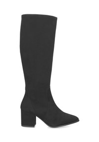 Bottes noires hautes en suède doux, avec un bout pointu, un talon carré épais et sans fermetures visibles. Texture lisse.