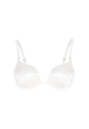 Reggiseno in satin bianco con coppe lisce, spalline regolabili e dettagli in pizzo sui lati. Presenta una chiusura frontale singola con chiusura in metallo.