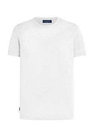 Plain white short-sleeve crew neck T-shirt with a small black brand label on the inner neck and lower side seam.