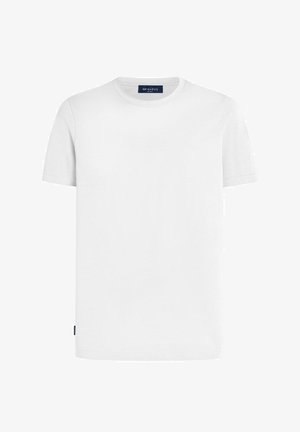 T-shirt blanc uni à manches courtes et col rond, avec une petite étiquette de marque noire à l'intérieur du col et sur la couture latérale inférieure.