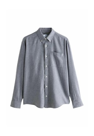 Gray button-up shirt with white vertical stripes, long sleeves, collar, and a chest pocket. Made of fabric with a soft texture.