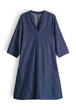 Vestito blu di denim con maniche larghe a tre quarti, scollo a V e silhouette semplice a linea ad A.