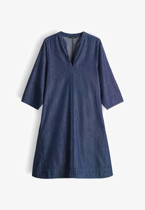 Vestito blu di denim con maniche larghe a tre quarti, scollo a V e silhouette semplice a linea ad A.