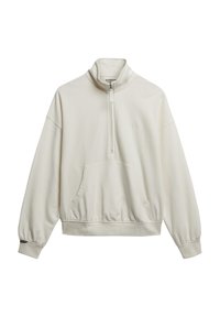 Felpa oversize off-white con zip a metà, colletto alto, maniche lunghe, tasca anteriore a marsupio e logo discreto sul petto e sul polsino.