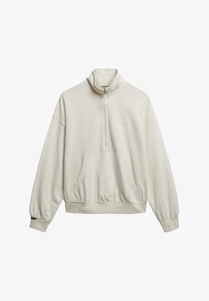 Off-white halv-zip trøje med høj krave, lange ærmer, frontlomme i kangaroo-stil og subtilt logo på brystet og ærmet.