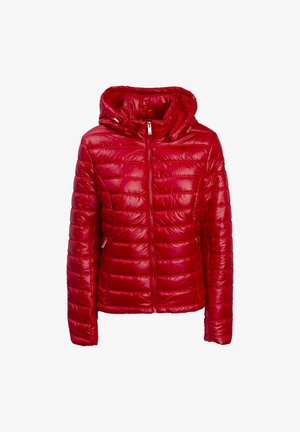 Doudoune rouge rembourrée avec une finition brillante, fermeture éclair et capuche. Caractéristiques : piquage horizontal, poches latérales zippées et accents dorés.