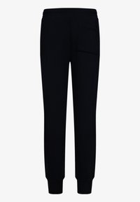 Černé joggingové kalhoty s pohodlným střihem, elastickým pasem a manžetami na kotnicích. Mají jednu zadní kapsu a hladký, jemný povrch.