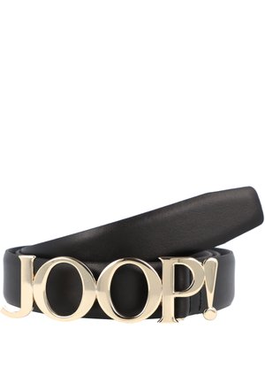 Cintura in pelle nera con grande fibbia dorata lucida che riporta la scritta "JOOP!" in lettere maiuscole.