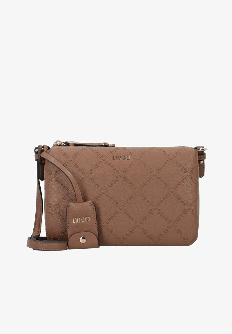 Bruine leren Liu Jo crossbodytas met reliëf logo patroon, verstelbare riem en klein aangehecht tasje met drukknoopsluiting.