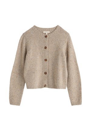 Cardigan lavorato a maglia beige con scollo rotondo, maniche lunghe e cinque bottoni marroni sul davanti. Presenta un motivo testurizzato.