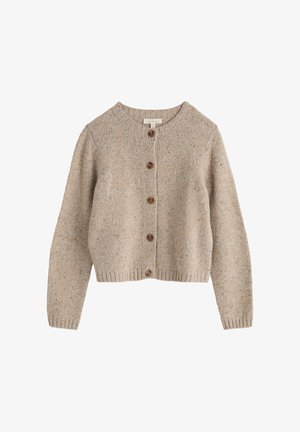 Cardigan lavorato a maglia beige con scollo rotondo, maniche lunghe e cinque bottoni marroni sul davanti. Presenta un motivo testurizzato.