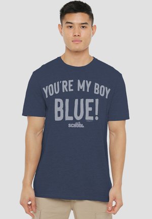 Navy blue t-shirt made of soft fabric featuring the text “YOU’RE MY BOY BLUE!” in large light gray font, short sleeves, crew neck.