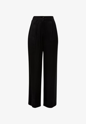 Pantalons larges noirs en tissu lisse, dotés d'une fermeture à bouton à l'avant, de plis et de poches latérales pour un usage pratique.