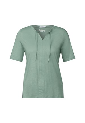 Short-sleeve, V-neck top in light green fabric with a relaxed fit, featuring a front pleat and adjustable drawstrings at the neckline.