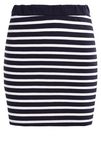 Gonna a righe blu navy e bianche con cintura elastica, forma aderente e materiale in cotone morbido. Le righe orizzontali sono uniformemente distanziate.