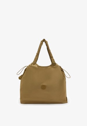 Nylonová taška přes rameno olivově zelené barvy s krátkými rukojeťmi, zaobleným tvarem, staženým horním okrajem a logem na přední straně. Hladká textura.