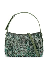Borsa a tracolla verde con una superficie texturizzata e ricoperta di perline, caratterizzata da fili verticali in diverse sfumature di verde e dettagli argento. Cintura regolabile inclusa.