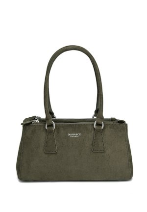 Olijfgroene suède handtas met dubbele handvatten, een zilveren ritssluiting en het DIANA&CO Firenze-logo in het midden aan de voorkant.
