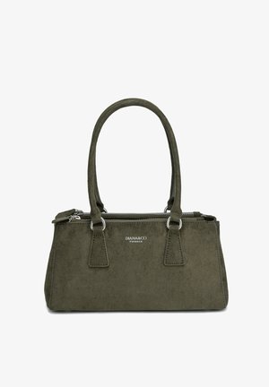 Olijfgroene suède handtas met dubbele handvatten, een zilveren ritssluiting en het DIANA&CO Firenze-logo in het midden aan de voorkant.
