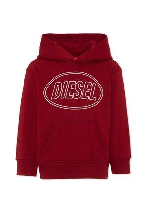 Felpa con cappuccio rossa con maniche lunghe, tasca frontale a marsupio e logo "DIESEL" contornato di bianco in un ovale sul petto.