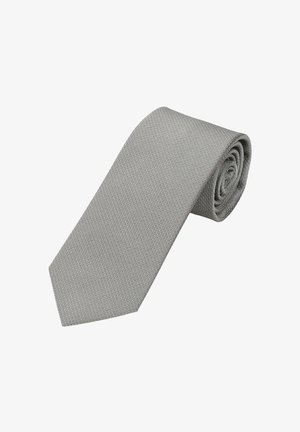 Grau melierte Krawatte mit strukturierter Oberfläche, schmalem Design und spitz zulaufendem Ende, zum Präsentieren aufgerollt. Keine sichtbaren Muster oder Hardware-Details.