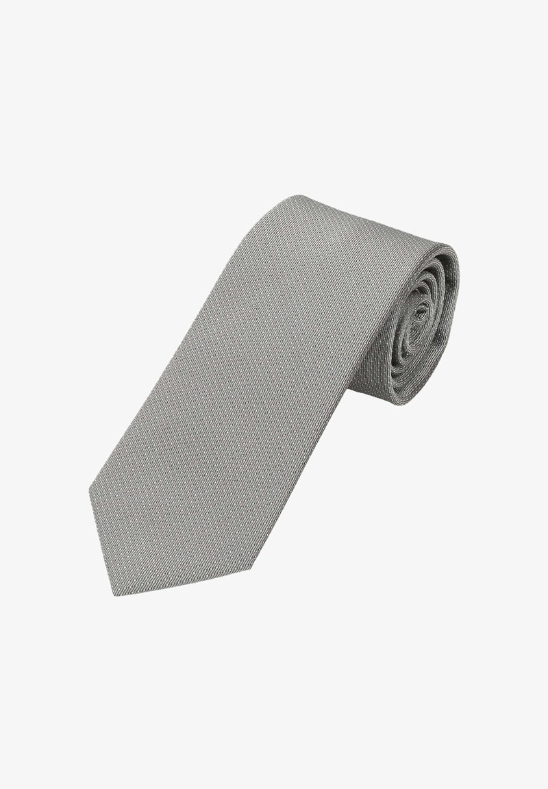 Gray tie with a textured surface, narrow design, and pointed end, rolled for display. No visible patterns or hardware details.