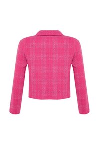 Roze, cropped blazer met een kraag, lange mouwen en een geweven textuurpatroon. Heeft een ruitpatroon met contrasterende lijnen.
