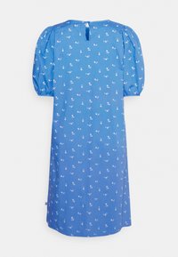 Vestido azul com mangas curtas em balão, fecho nas costas em forma de buraco de chave, padrão floral e um corte descontraído. Tecido suave com um design casual.