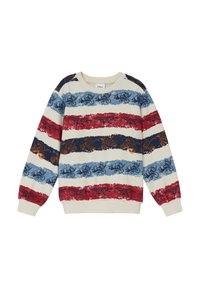 Suéter de algodón con rayas horizontales en rojo, azul y crema. Patrones de diseños ornamentales en azul oscuro y bronce a lo largo.