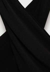 Black fabric with a soft, smooth texture and draped design, featuring intersecting panels creating a layered appearance.