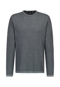 Grauer, langärmliger Pullover mit strukturiertem Muster und Rundhalsausschnitt. Verfügt über einen kontrastierenden Rippkragen und Rippbündchen. Keine sichtbaren Logos oder Grafiken.