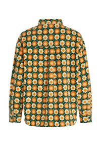 Flannel shirt with a green base, featuring a repeating floral pattern in orange and cream. Buttoned collar and long sleeves.