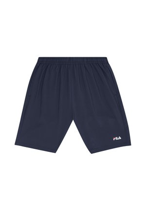 Pantaloncini sportivi blu scuro con vita elastica, tasche laterali e piccolo logo FILA bianco e rosso sulla gamba sinistra.