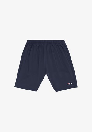 Marineblå atletiske shorts med elastisk taljebånd, sidelommer og lille hvid og rød FILA-logo på venstre ben.