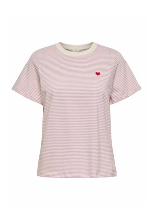 T-shirt a righe rosa chiaro con maniche corte e scollo rotondo, con un piccolo ricamo a forma di cuore rosso sul petto sinistro. Realizzata in tessuto morbido.