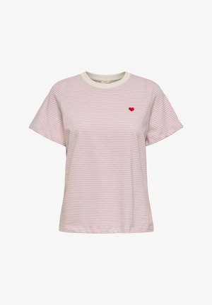 T-shirt a righe rosa chiaro con maniche corte e scollo rotondo, con un piccolo ricamo a forma di cuore rosso sul petto sinistro. Realizzata in tessuto morbido.